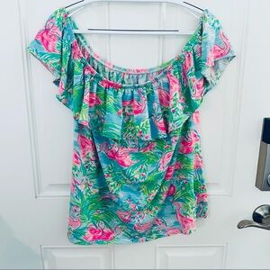 Lilly Pulitzer La Fortuna Blouse XL | Flamingo Off Shoulder